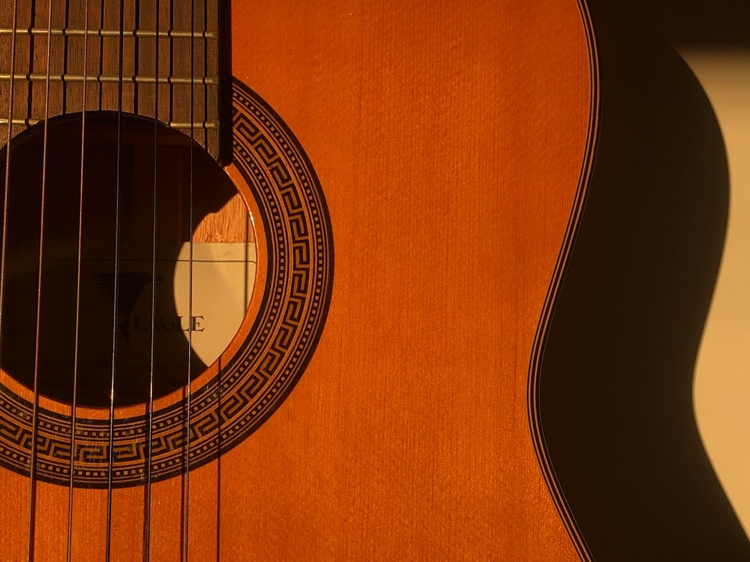 An acoustic guitar's soundhole, strings, and fretboard.